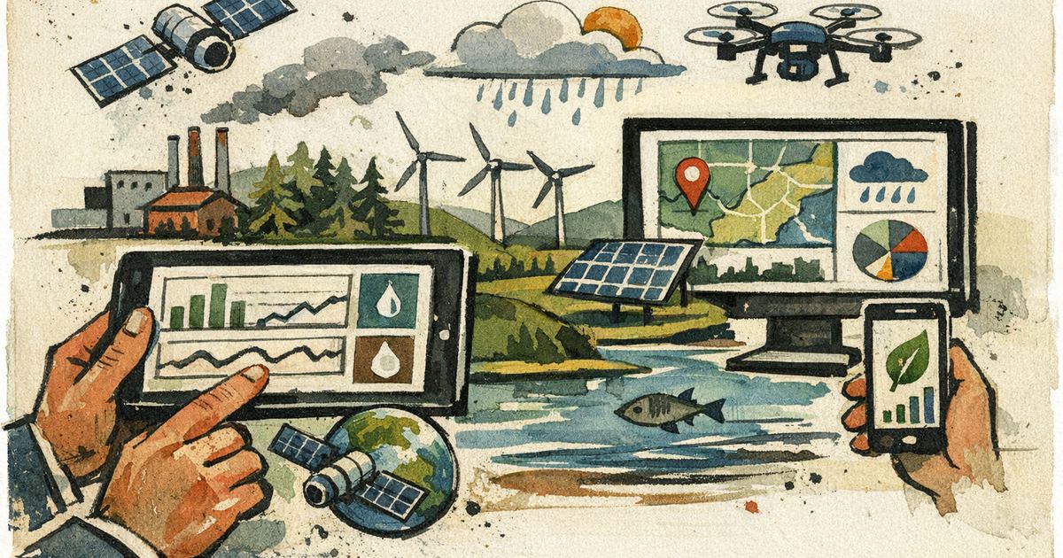 Ilustração editorial mostrando plataformas digitais gestão ambiental com textura de tinta e linhas de tinta visíveis